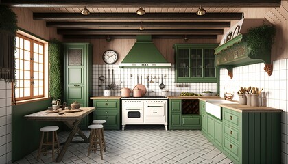4K resolution or higher, green and beige rustic country kitchen . Generative AI Technology