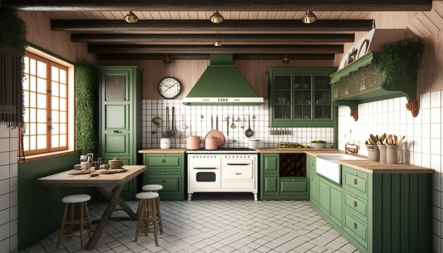 4K Resolution Or Higher, Green And Beige Rustic Country Kitchen . Generative AI Technology