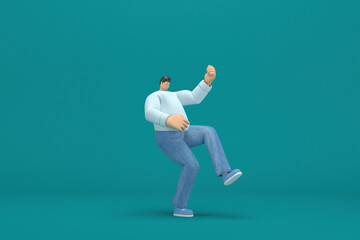 Fototapeta na wymiar cartoon character wearing jeans and white long shirt. 3d rendering in acting. He is doing exercise.