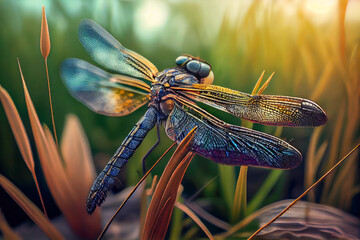 Close up dragonfly in meadow. Ai generated - obrazy, fototapety, plakaty
