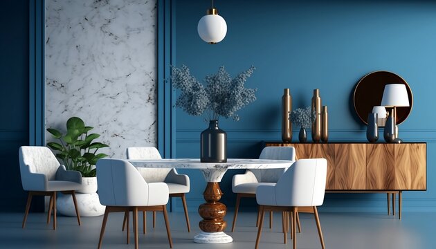 Modern luxury dining room with vibrant blue wall and marble accents.