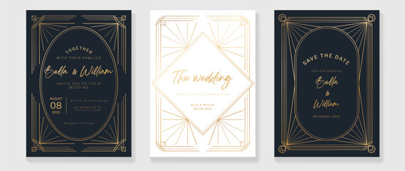 Luxury wedding invitation card background vector. Golden elegant geometric art deco gatsby style line art frame. Premium design illustration for wedding and vip cover template, banner, poster.