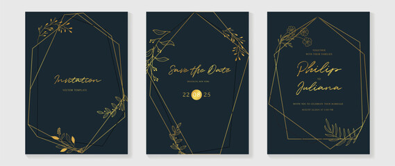 Luxury wedding invitation card background vector. Golden geometric frame with elegant botanical floral leaf branch gold line art. Design illustration for wedding and vip cover template, banner.