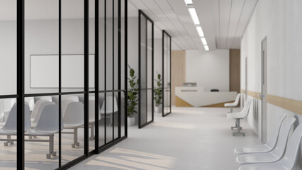 Interior design of a modern contemporary hospital corridor with waiting area and reception counter
