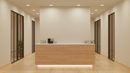 Luxury and contemporary lobby area interior design in white and wood style with reception counter - obrazy, fototapety, plakaty