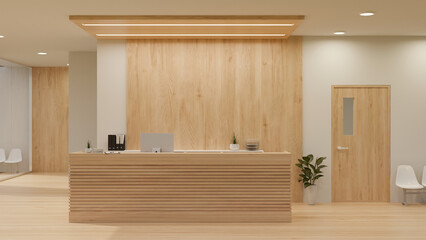 Obraz na płótnie Canvas Luxury and minimalist hospital reception counter area in white and wood style with counter