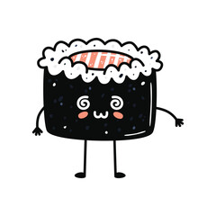 Kawaii sushi mascot in cartoon style. Cute maki with salmon for menu