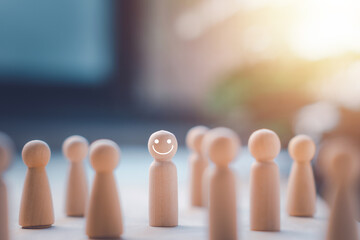 HR manager (human resources) or Employer. Wooden doll wite face smile. Leader stands out from crowd. Looking for good worker. HR, HRM, HRD concepts.