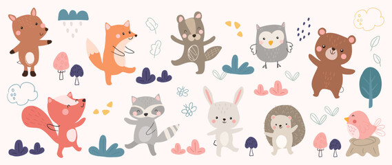 Cute animals vector set. Cartoon cheerful animals dancing parade of fox, rabbit, bird, bear, raccoon, porcupine, owl. Design suitable for kids, education, edutainment, fabric, wallpaper, apparel.
