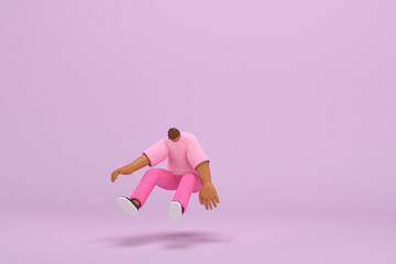 Fototapeta na wymiar The black man with pink clothes. He is jumping. 3d rendering of cartoon character in acting.