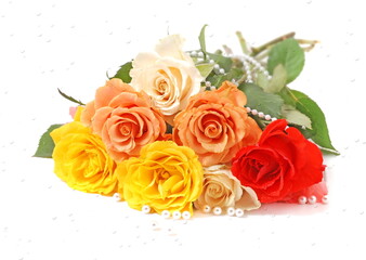 Bouquet of colour roses. Flowers with waterdrops and pearls. - 570165383