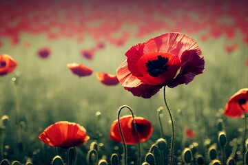 Fototapeta na wymiar Poppy flower. Anzac background. Poppy field, Remembrance day, Memorial in New Zealand, Australia, Canada and Great Britain. Red poppies. Generative AI