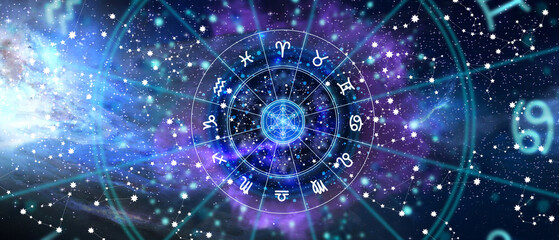 Astrological zodiac signs inside of horoscope circle. Astrology, knowledge of stars in the sky over the milky way and moon. The power of the universe concept. 3d illustration