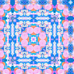 Washed Red Blue blur white vibrant watercolor batik azulejos tile background. Seamless coastal linen effect geometric mosaic effect. Boho Patchwork nautical masculine all over summer fashion repeat.