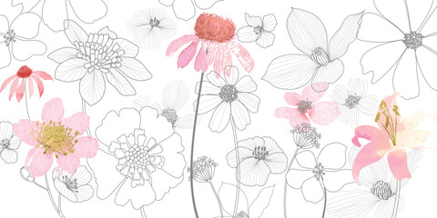 minimal background in pink flowers and leaf with sketch line art gallery wall art vector 