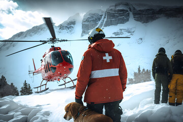 Emergency rescuers medical cross with bloodhounds arrived by helicopter at the site of an avalanche in the mountains to search for missing people under the snow. Generative AI technology. - obrazy, fototapety, plakaty