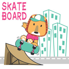 Vector illustration of cute lion cartoon playing skateboard. Can be used for kids baby t shirt print design, fashion graphic, baby shower card, celebration greeting and other decoration.