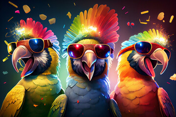 3 fröhliche bunte Papageien mit Partybrillen in Partystimmung. Generative Ai.
 - obrazy, fototapety, plakaty