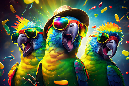 3 fröhliche bunte Papageien mit Partybrillen in Partystimmung. Generative Ai.
