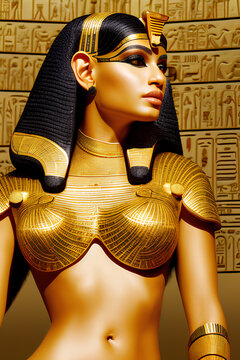 Pretty female model dressed as an ancient Egyptian Goddess. Cleopatra. Generative Artificial Intelligence.