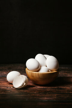 Chicken Eggs For Breakfast In Bowl On Wooden Table At Kitchen In Mexico Latin America