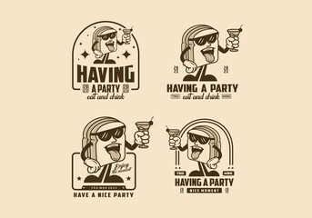 Illustration character badge design of a bread holding a drink