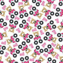 Seamless pattern vector of monster truck with little bear driver. Creative vector childish background for fabric textile, nursery background, baby clothes, wrapping paper and other decoration. © Hijaznahwani