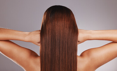 Fototapeta premium Hair care, salon and back of a brunette woman isolated on a grey studio background. Shampoo, cosmetics and model with shine from smooth, healthy and clean luxury keratin hairstyle on a backdrop