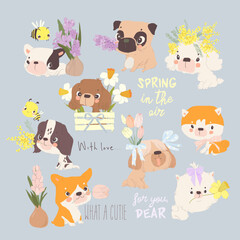Cartoon Set with Funny Puppies and Spring Flowers
