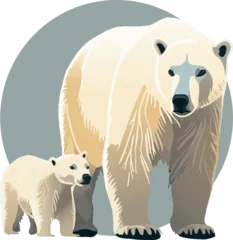 Foto op Canvas The white bear and her cub bear walks through the snow. Mother and child. The glacier, snow-covered plains. Starry night in the North. Landscapes of the Arctic. Vector illustration © Luci