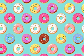 Assorted of donut flavors on light blue pattern  background. Ai generated