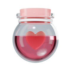 glass jar with red heart Valentine's day design. Realistic 3d pink Open gift box full of decorative festive object  Holiday