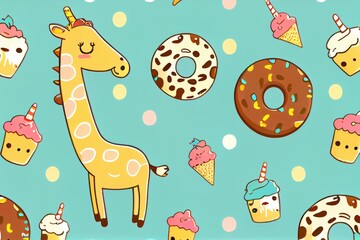 Naklejka premium Illustrations of cute giraffe with baked and dessert on colorful background.generative ai