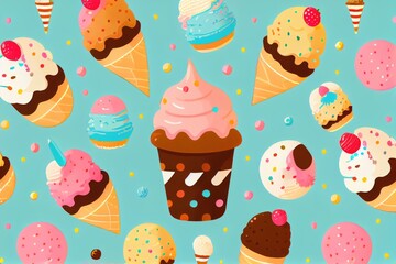 Assorted of dessert and ice cream on light blue background. Ai generated