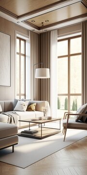 The decor of a contemporary villa living room features beige furniture, bright walls, hardwood flooring, a sofa, and an armchair with a light. Relaxation idea. Generative AI