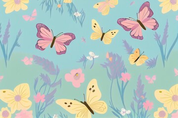 Obraz na płótnie Canvas Butterflies in meadow and flowers on colorful pattern background.Ai generated