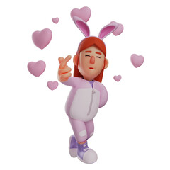 3D illustration. Romantic 3D Rabbit Girl Cartoon Illustration with finger sign of love. surrounded by many forms of love. showing a happy smiling expression. 3D Cartoon Character