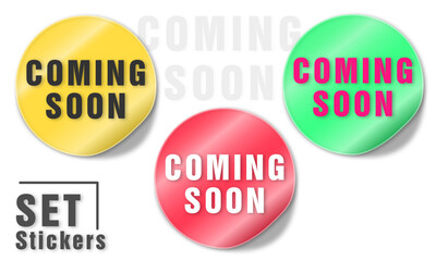Coming soon stickers set. Coming soon label badge set. Coming soon collection Tags