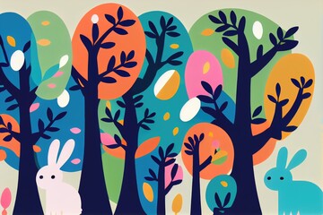 Colorful background of cute rabbit under tree in forest, cartoon style. generative Ai