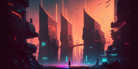 futuristic urban neon. In a futuristic metropolis, an industrial area. Cyberpunk inspired wallcoverings. Grungy cityscape with enormous futuristic structures and dazzling neon lights. illustration