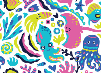 Seamless pattern with cute funny marine creatures in bright acid colours. Flat simple style vector illustration
