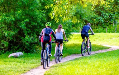 Cyclists ride on the bike path in the city Park