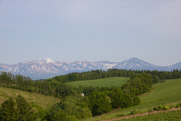 緑の丘陵畑作地帯と残雪の山並み

