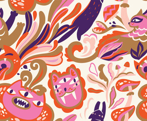 Naklejka premium Seamless vector pattern with poisonous cat-plants and mushrooms