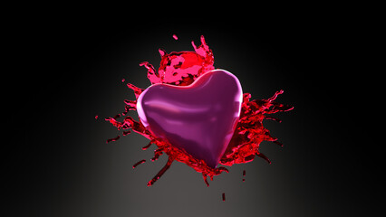 Pink heart with red water splashing on black background, concept and design on 3d render