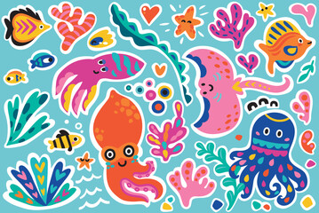 Collection of cute cartoon marine creatures in bright childish style. Flat simple style vector