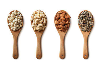 Collection of various cereals in a wooden ladle isolated on white background with clipping path.