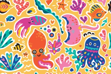 Foto op Plexiglas In de zee Seamless pattern with cute cartoon marine creatures. Flat simple style vector background