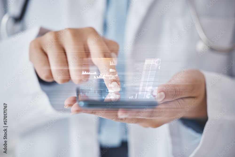 Poster hologram, digital and doctor has phone with analytics information, analysis and data from the intern