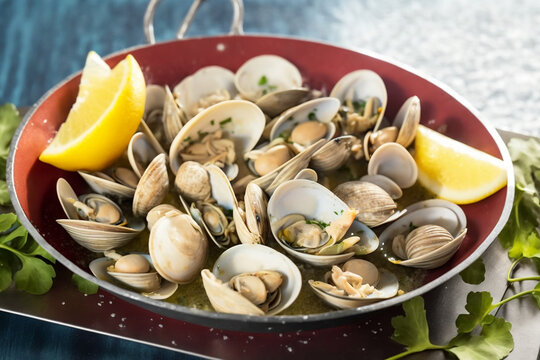 Ameijoas &agrave; bulh&atilde;o pato - Delightful Flavors of Portuguese Gastronomy with the Classic Clams Bulh&atilde;o Pato Dish Ai Generative